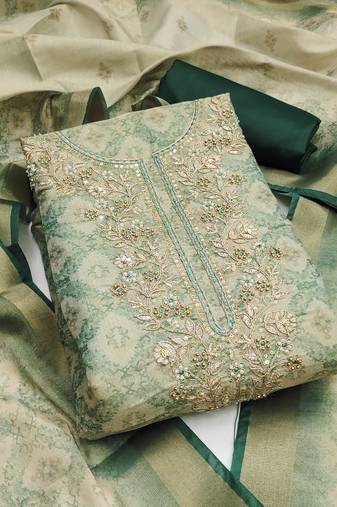 Beige hand embroidery cotton silk semi stitched churidar dress-materials