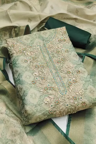 Beige hand embroidery cotton silk semi stitched churidar dress-materials