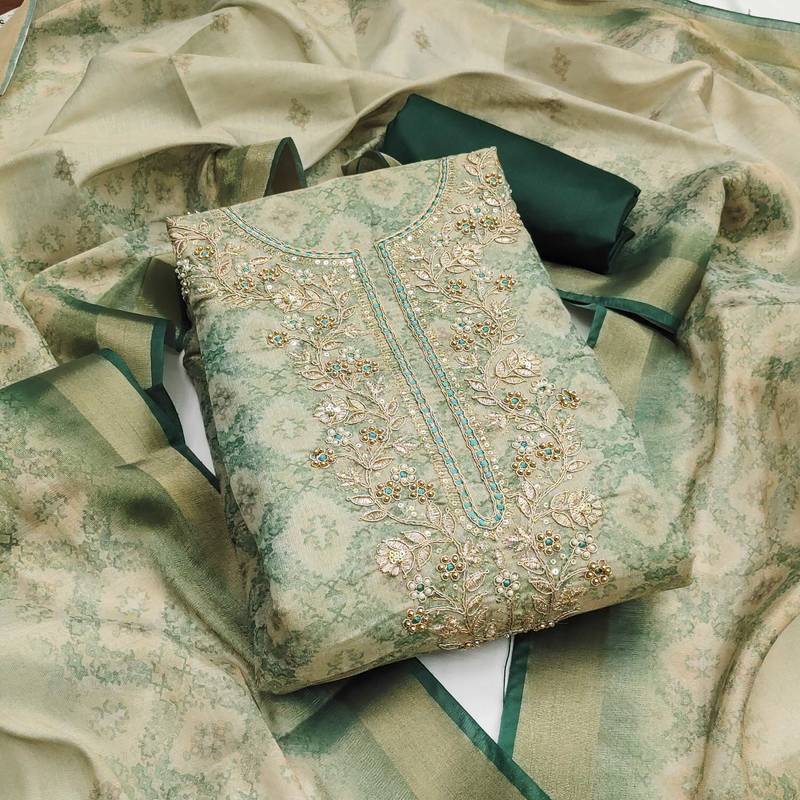 Beige hand embroidery cotton silk semi stitched churidar dress-materials