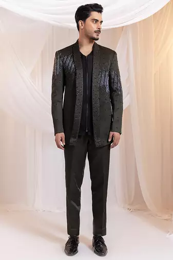 Green embroidered satin Co ord set