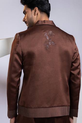 Brown embroidered satin bomber jacket
