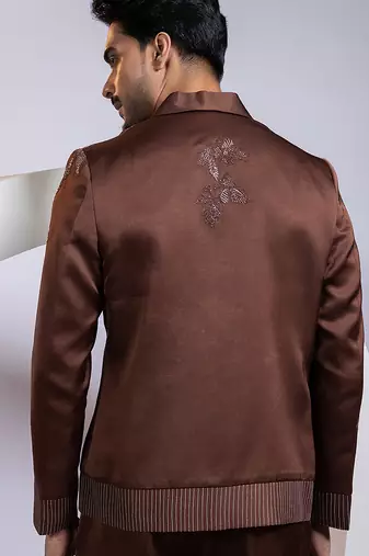 Brown embroidered satin bomber jacket