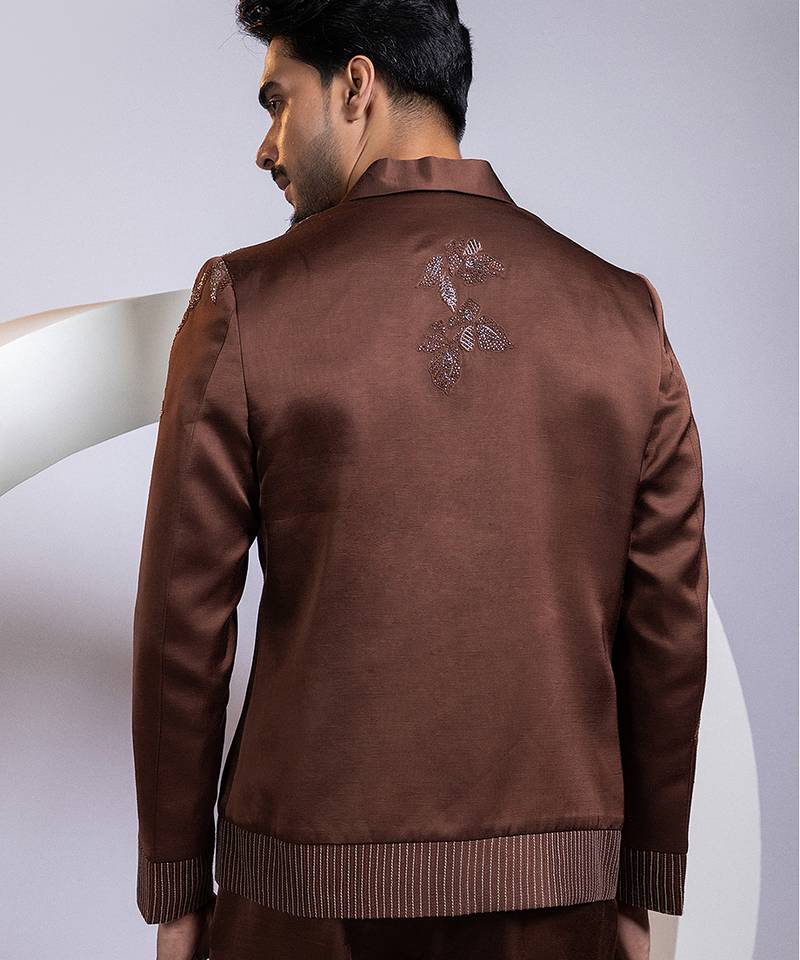 Brown embroidered satin bomber jacket