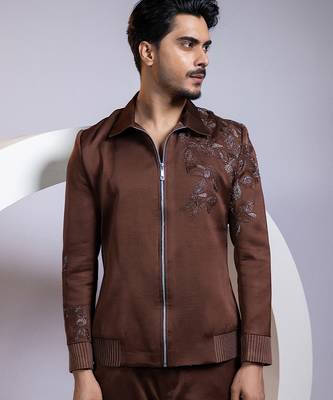 Brown embroidered satin bomber jacket 1