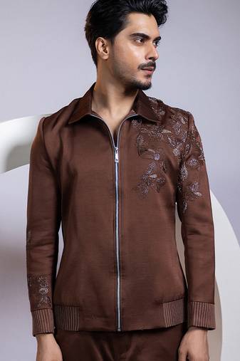 Brown embroidered satin bomber jacket