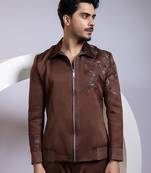 Brown embroidered satin bomber jacket