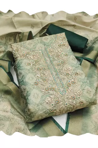 Beige hand embroidery cotton silk semi stitched churidar dress-materials