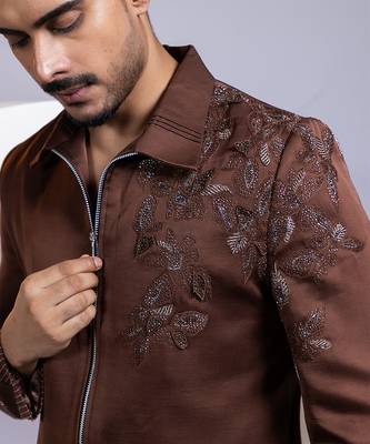 Brown embroidered satin bomber jacket 3