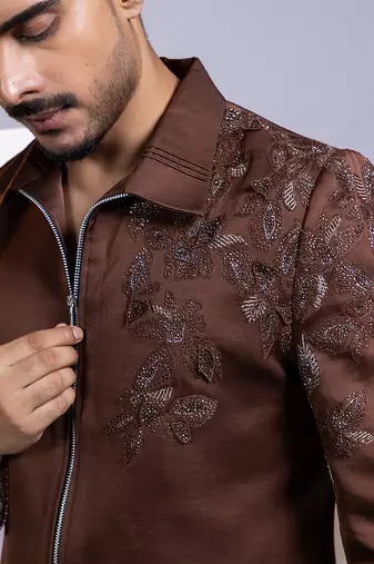 Brown embroidered satin bomber jacket