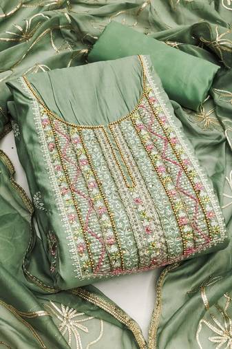 Sea-green sequins cotton semi stitched churidar dress-materials