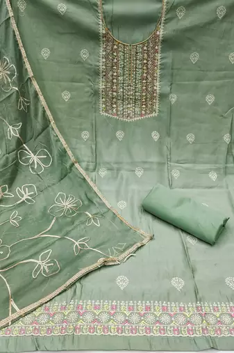 Sea-green sequins cotton churidar dress-materials