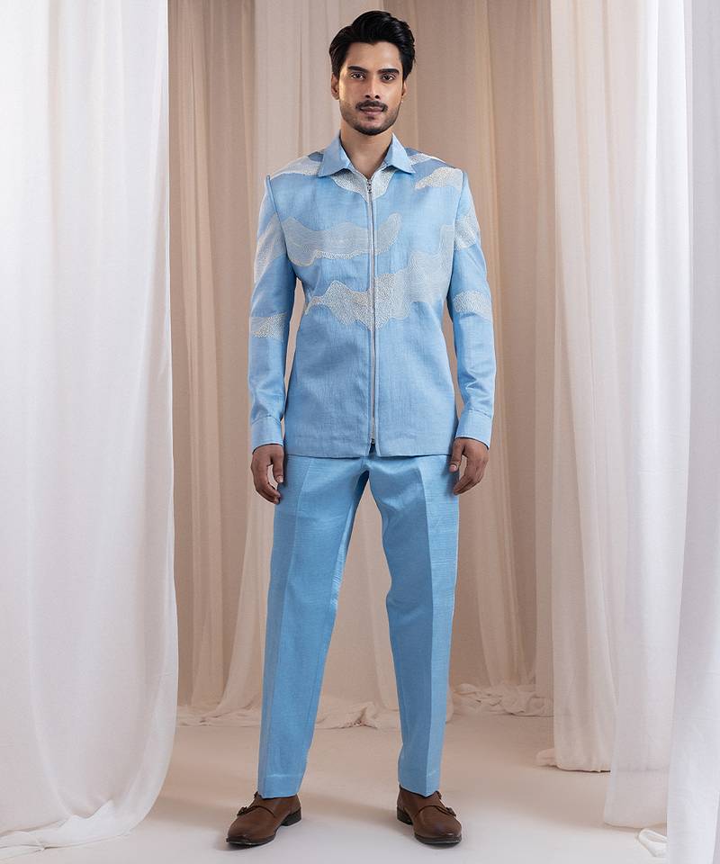 Blue embroidered satin Co ord set