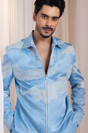Blue embroidered satin Co ord set