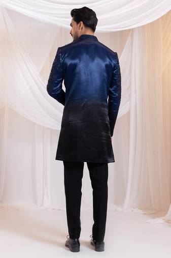 Blue embroidered satin bandhgala