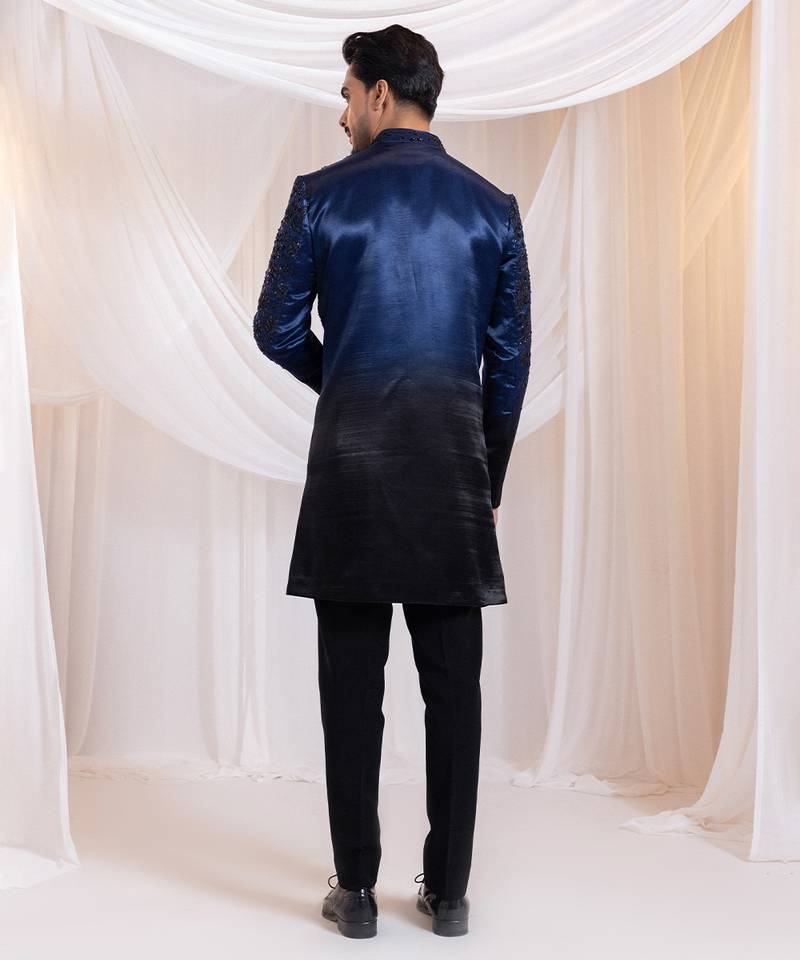 Blue embroidered satin bandhgala