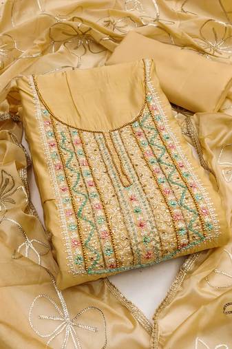 Beige sequins cotton semi stitched churidar dress-materials