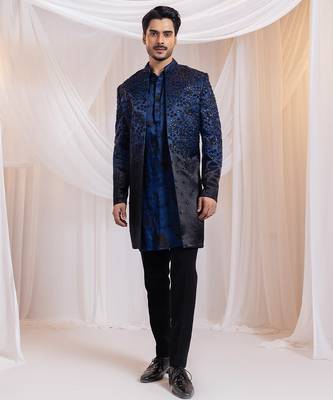 Blue embroidered satin bandhgala 1