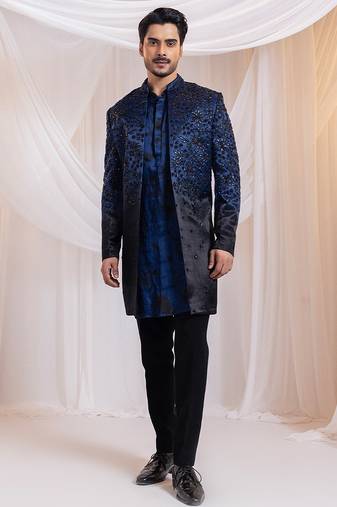 Blue embroidered satin bandhgala