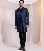 Blue embroidered satin bandhgala