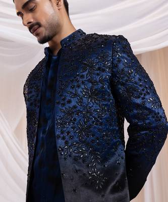 Blue embroidered satin bandhgala 3