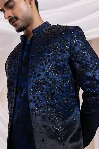 Blue embroidered satin bandhgala