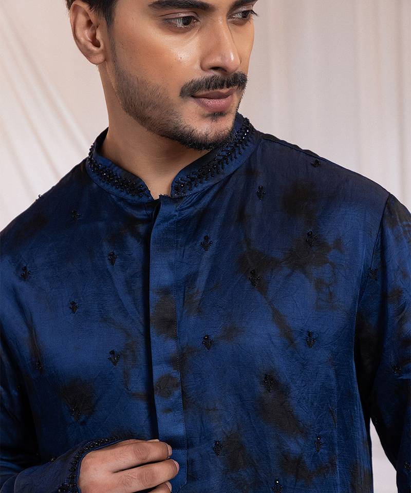 Blue embroidered satin kurta pajama