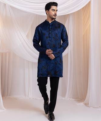 Blue embroidered satin kurta pajama 1