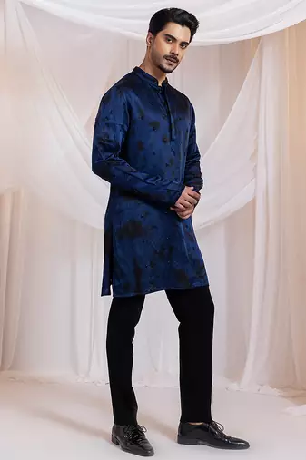Blue embroidered satin kurta pajama
