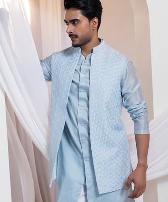 Blue embroidered cotton nehru jacket set 2