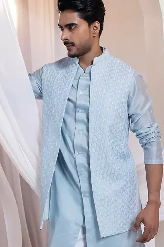 Blue embroidered cotton nehru jacket set