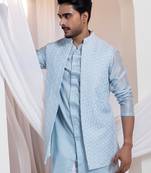 Blue embroidered cotton nehru jacket set