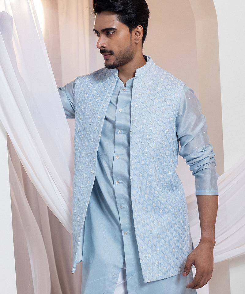Blue embroidered cotton nehru jacket set