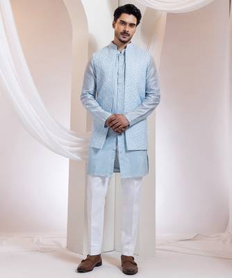 Blue embroidered cotton nehru jacket set 1