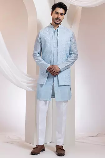 Blue embroidered cotton nehru jacket set