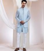 Blue embroidered cotton nehru jacket set