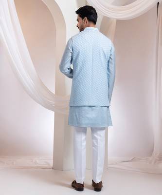 Blue embroidered cotton nehru jacket set 3