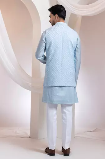 Blue embroidered cotton nehru jacket set