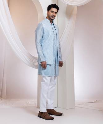 Blue embroidered cotton nehru jacket set 4