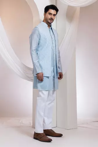 Blue embroidered cotton nehru jacket set