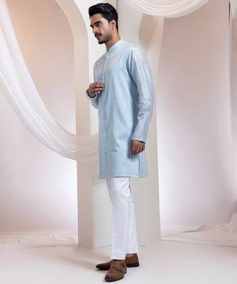 Blue embroidered chanderi kurta pajama 2