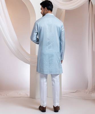 Blue embroidered chanderi kurta pajama 4