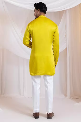 Yellow embroidered satin kurta pajama