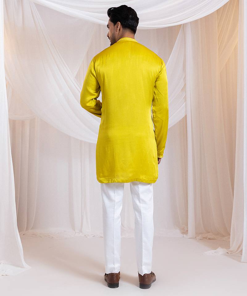 Yellow embroidered satin kurta pajama