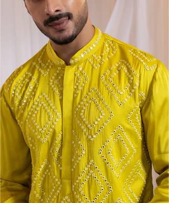 Yellow embroidered satin kurta pajama 3