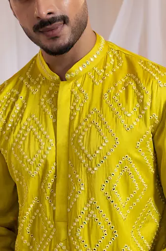Yellow embroidered satin kurta pajama