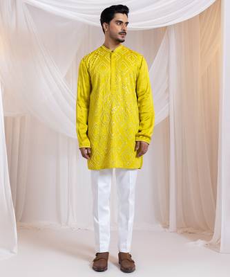 Yellow embroidered satin kurta pajama 1