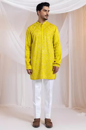 Yellow embroidered satin kurta pajama