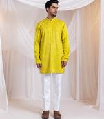 Yellow embroidered satin kurta pajama