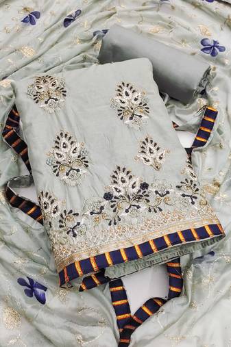 Grey embroidered chanderi semi stitched churidar dress-materials
