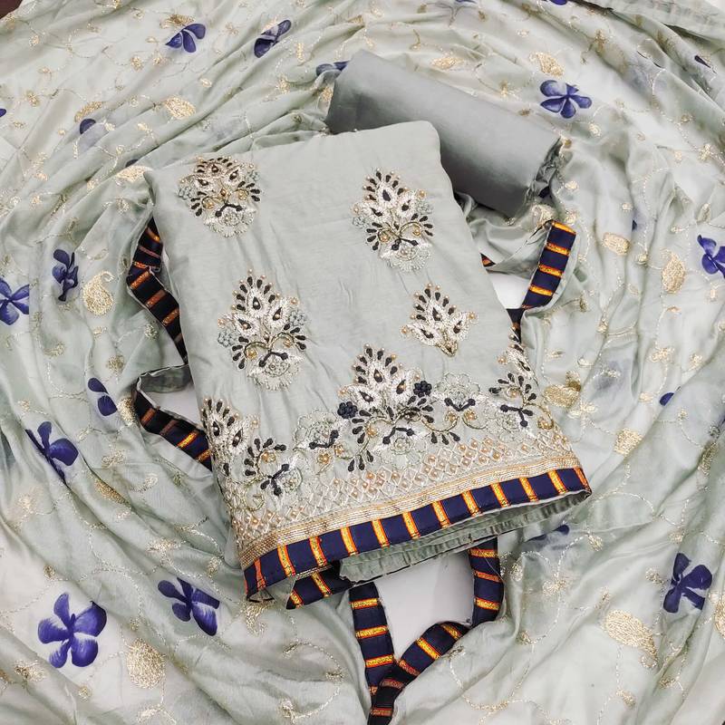 Grey embroidered chanderi semi stitched churidar dress-materials